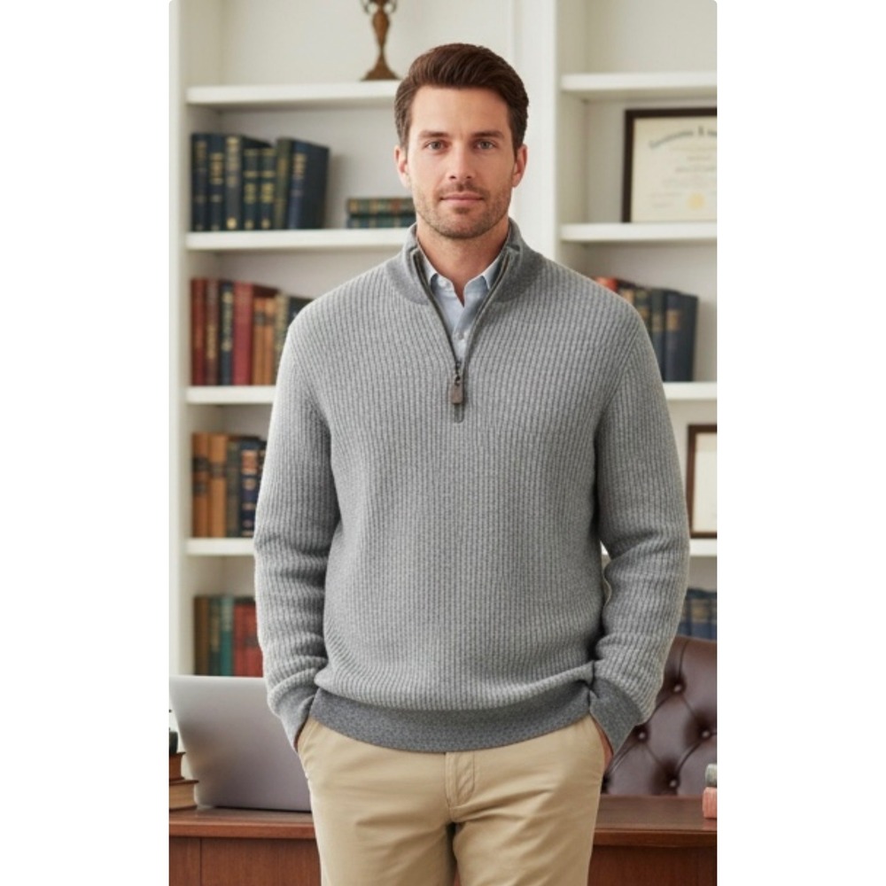 Belford Quarter Zip Sweater XXL Gray Cashmere Ribbed Minimalist Quiet Luxury